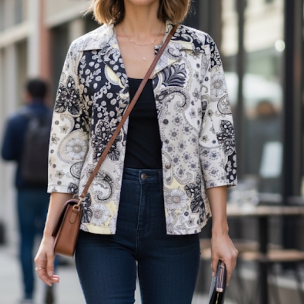 Bamboo Traders Jacket Womens Plus 1X Floral Cotton Spandex Black White Yellow